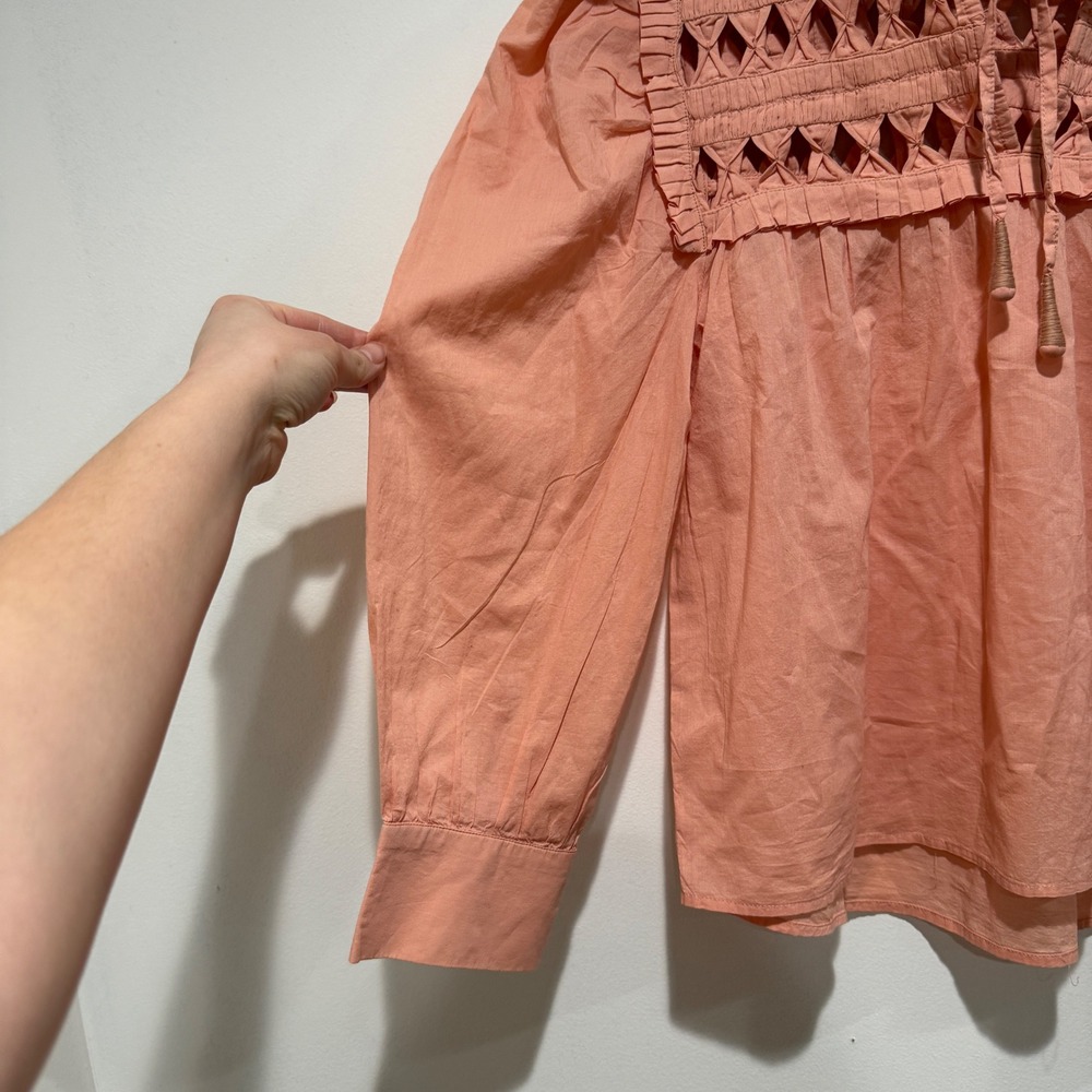 Self Contrast Anthropologie Puff-Sleeve Cotton‎ Blouse S Small Peach Coral Boho - Picture 10 of 12